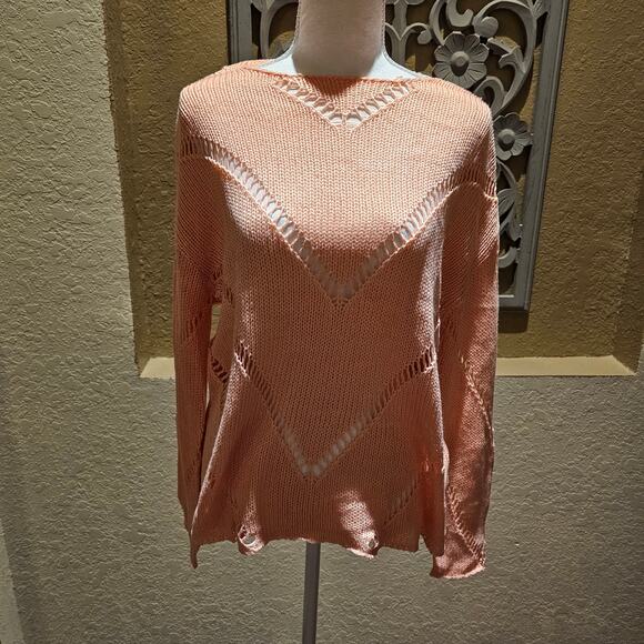 Cato XL Peach Open Knit Sweater NWT Crochet Boho Quiet Luxury Coastal Resort Top - Picture 3 of 15